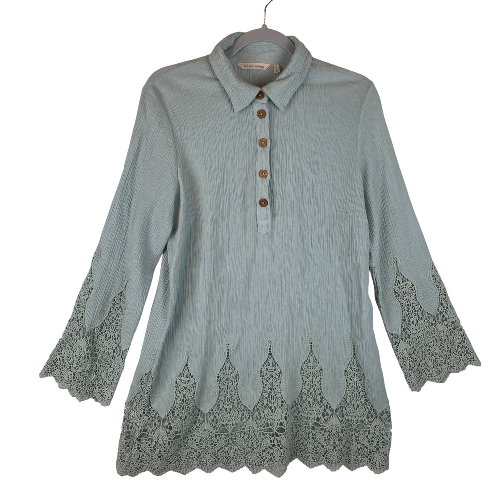 Soft Surroundings Blue Gauze Lace Trim‎ Tunic Top Small Boho Button Front 2CC26